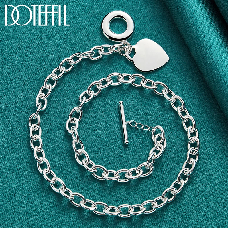 DOTEFFIL 925 Sterling Silver Heart TO Buckle Necklace Bracelet Set For Women Man Wedding Engagement Jewelry