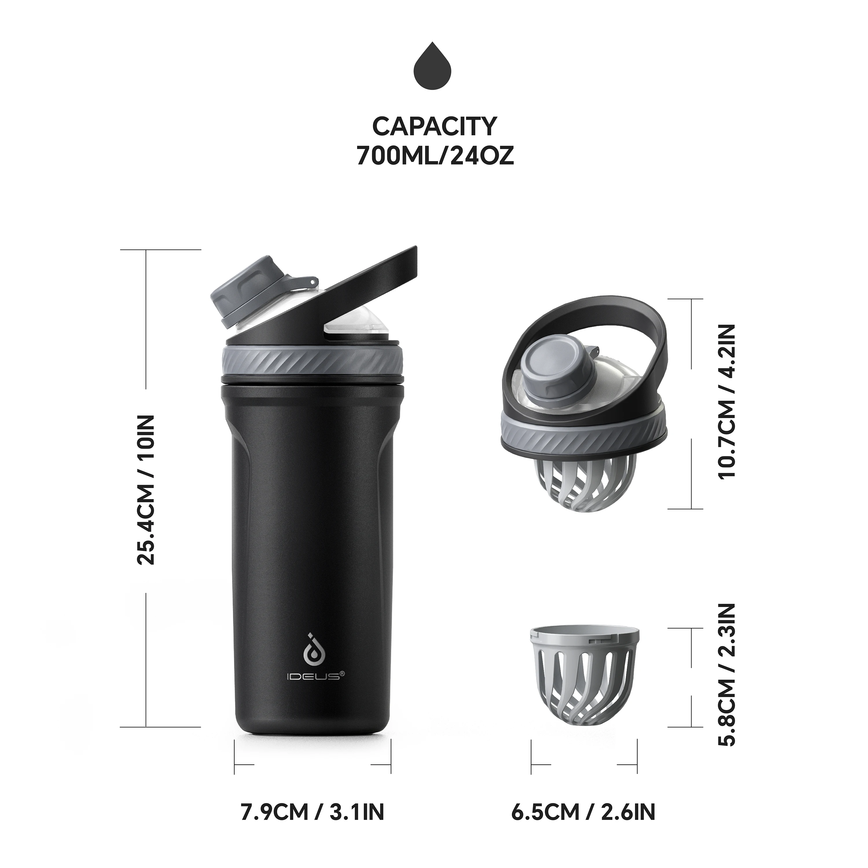 Ideus Protein Shaker Cup 710ml Insulated Stainless Steel Cup Tritan Ball Portable Sports Water Cup, Suitable For Gym