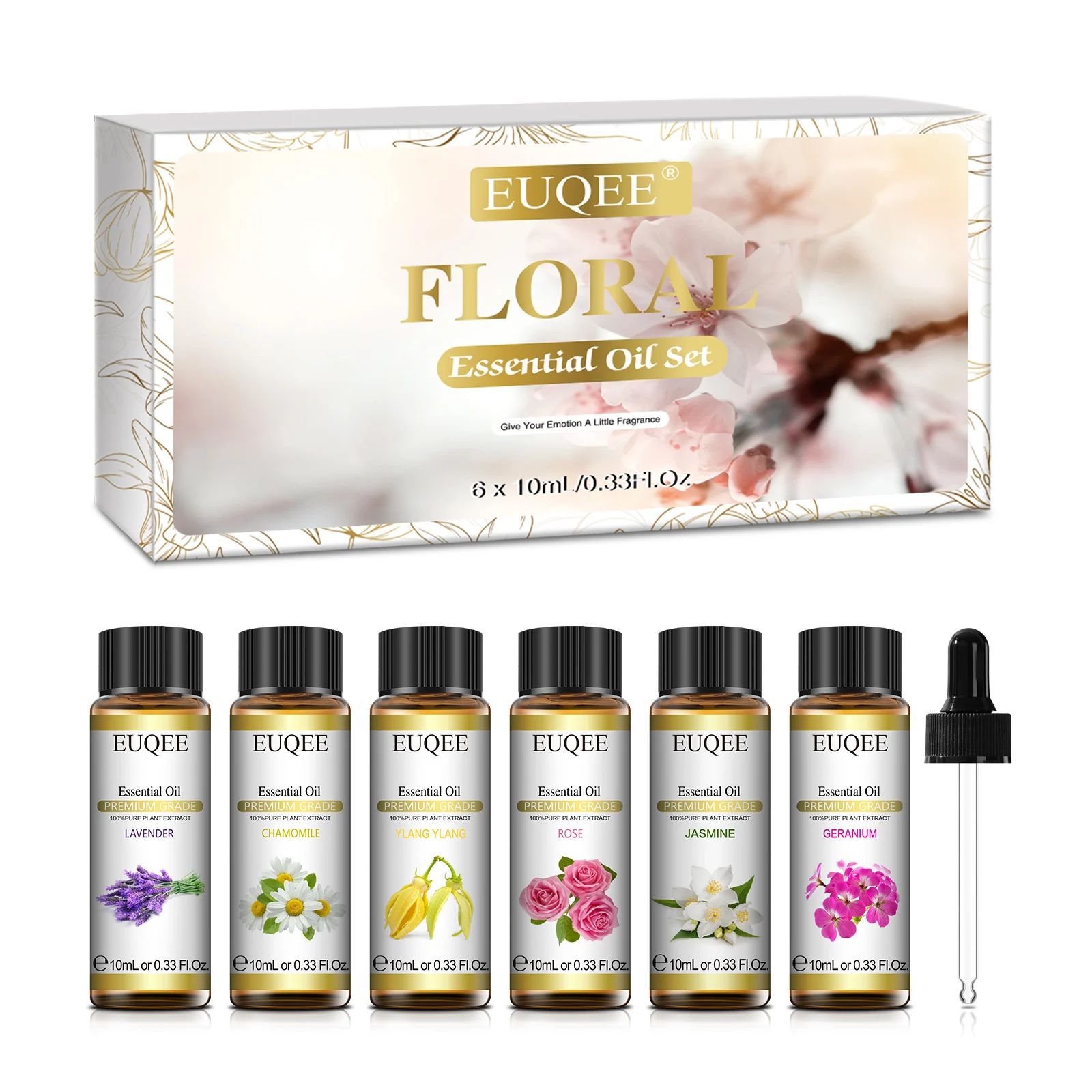 EUQEE Floral Essential Oils Set Of 6 Bottles For Diffuser,Candle Making-Rose Lavender Ylang Ylang Jasmine Geranium Chamomile