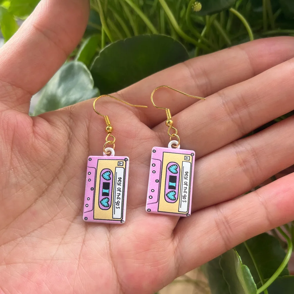 Retro Metal Cassette Tape dangle drop earrings, Cute 90s Music jewellery, Novelty Old School jewelry, Fun Quirky pendant