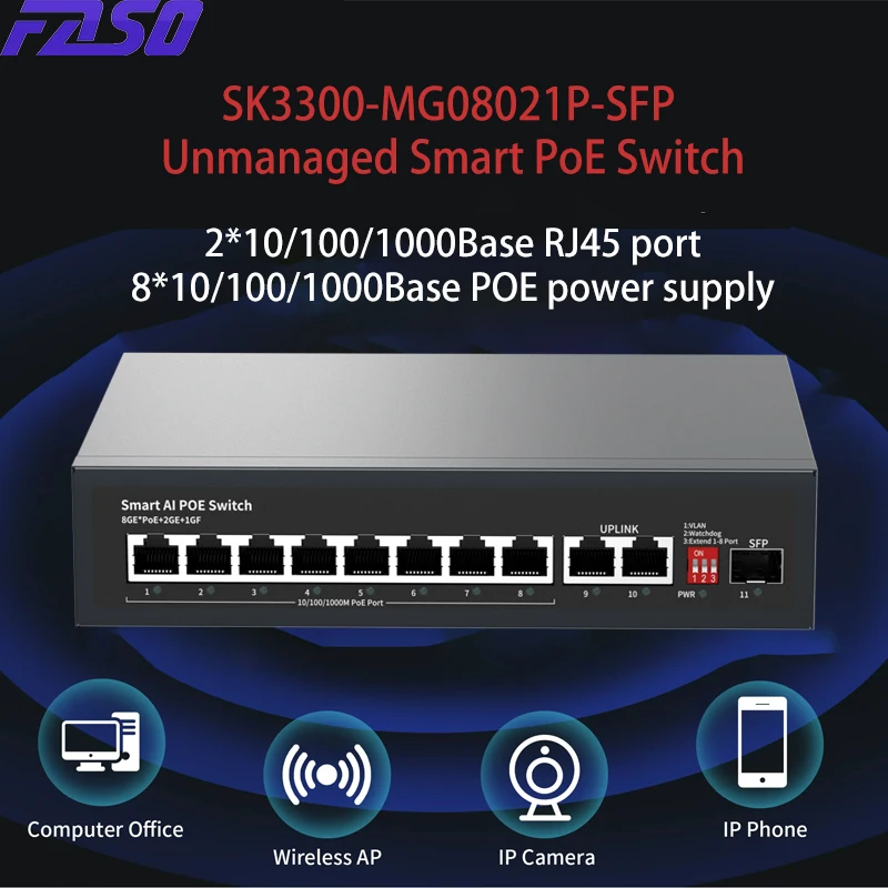 

Сетевой коммутатор Gigabit POE, 10-портовый порт RJ45, Ethernet-коммутатор с интеллектуальным коммутатором SFP 1,25G, непрерывный коммутатор для мониторинга безопасности