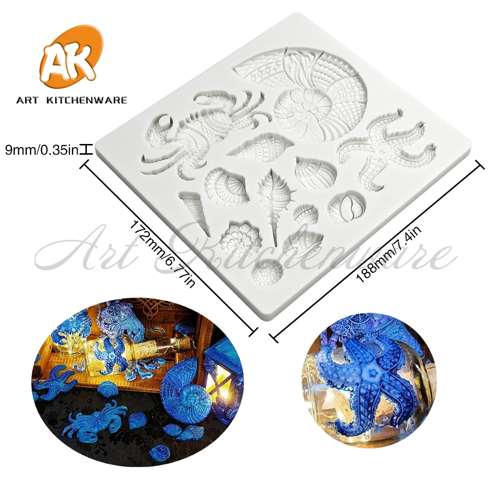 Marine Animal Relief Silicone Mold Shell/Crab/Starfish Chocolate Fondant Cake Mould DIY Resin Clay Gypsum Model Home Decoration