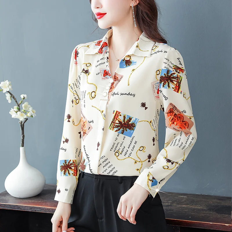 #2536 Spring Printed Chiffon Shirt Women Long Sleeve Vintage Womens Tops And Blouses Slim Turn-down Collar Buttons Retro Shirts