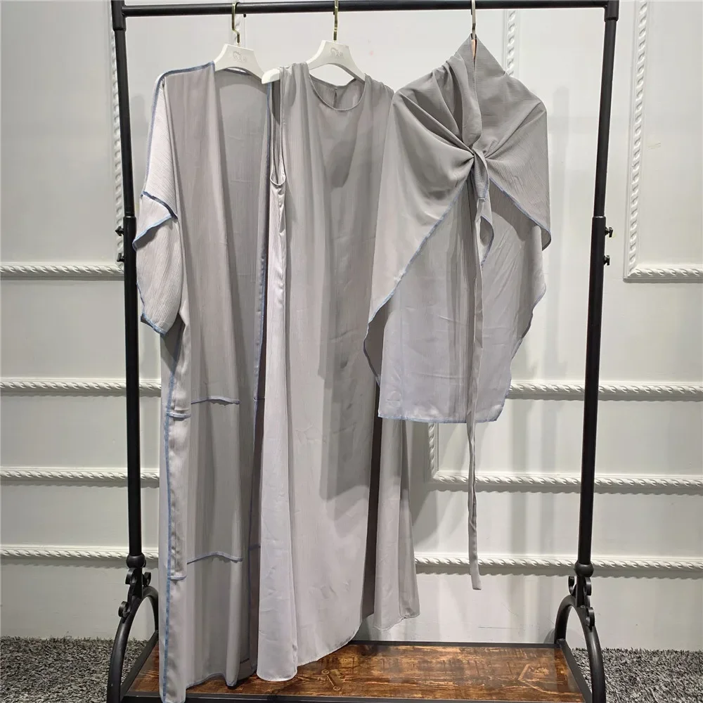 Women Solid Color Abaya Islamic Ramadan Dubai Kaftan Muslim Hijab Dress Arabic Open Kimono+Dress+Wrap Turkey Middle East Clothes