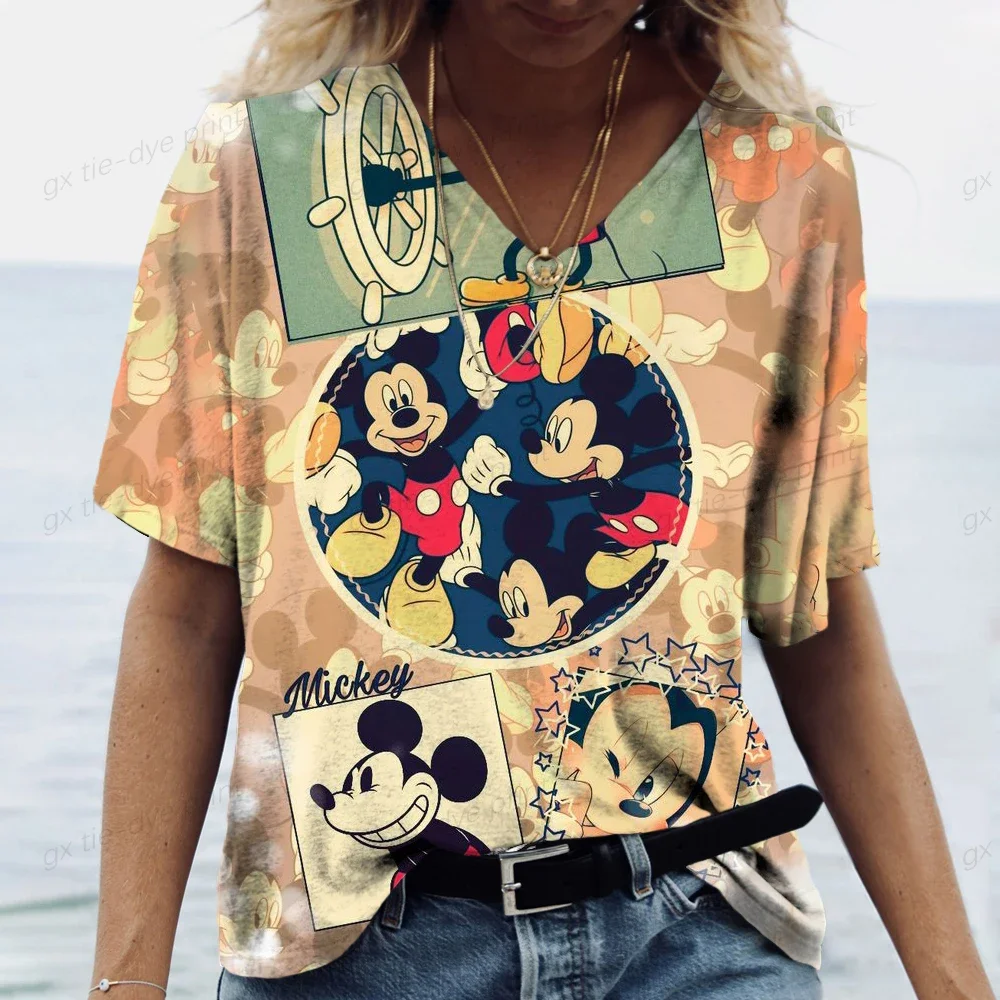 Vintage Women\'s T-shirt V-neck Fashion Top Disney Mickey Mouse Print Street Style Oversized Shirt Everyday Casual Short Sleeve T