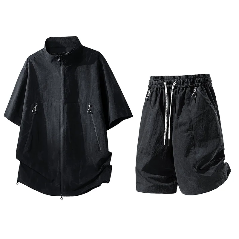 Men's short-sleeve shirt set, summer cooling short-sleeve five-point shorts, casual sports two-piece set
