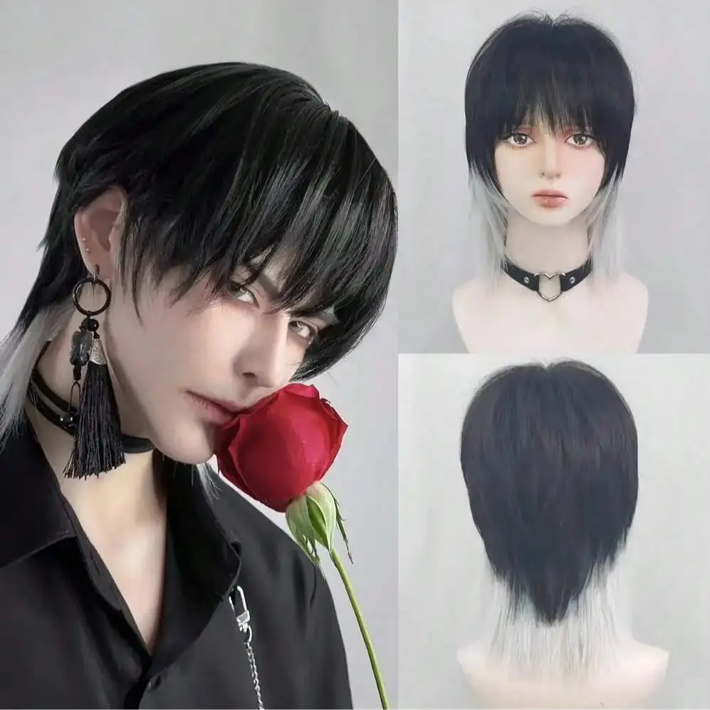 

Synthetic Short Straight Ombre Black Silver White Mullet Head Wig with Bangs Fluffy Women and Men Wig for Cosplay Daily Party