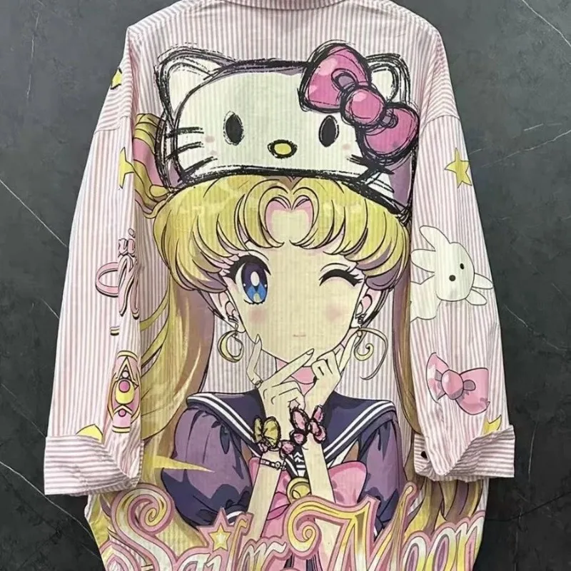 

Корейский стиль, полосатые топы Hello Kitty Y2k, свободные рубашки средней длины с длинными рукавами и мультяшным принтом, женские весенне-летние новинки 2023 года