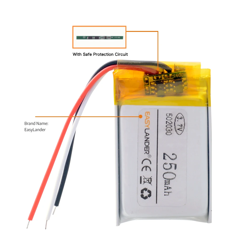 3 cables 3,7 V 250 mAh 502030   Batería recargable de polímero de litio Li-ion para altavoz Bluetooth, grabadora GPS, reproductor DVR Mp3