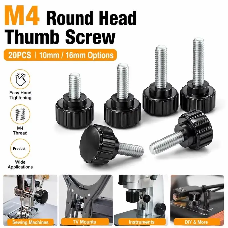14Pcs M3/M4 Round Head Knurled Thumbscrew Carbon Steel Hand Tighten Screw Black For Furniture Hardware Repair Supply Kit