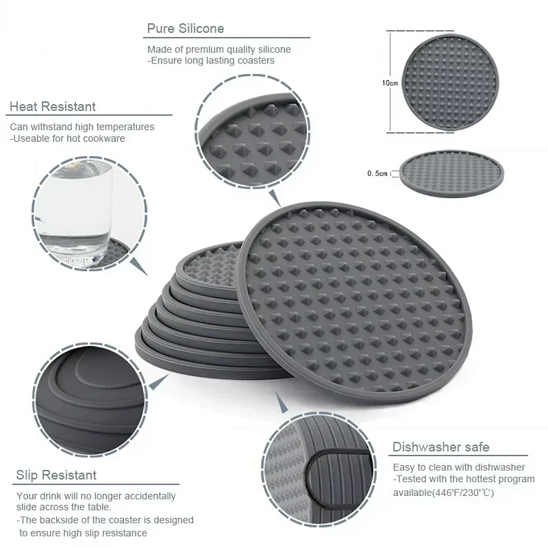 6Pcs 10cm Silicone Coasters Round Heat Resistant Rubber Tea Cup Mat Drink Coffee Mug Glass Beverage Holder Pad Decor Table Mat