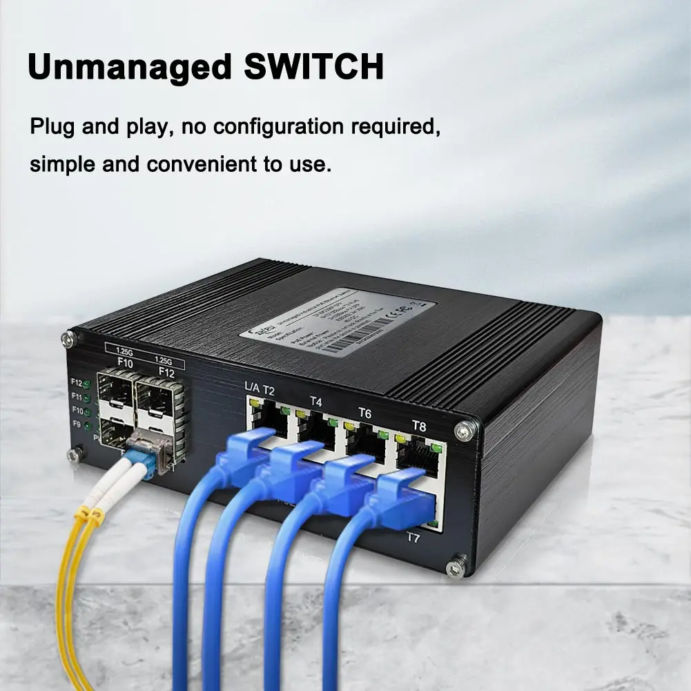 Flexible Hybrid Networking Industrial Switch, 8GbE RJ45 + 4GbE SFP for Data Only, Supports Redundant Power & EEE Metal IP40 Case