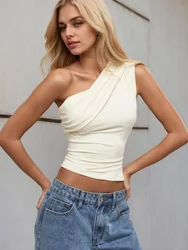 Women One Shoulder Backless Shrink Tank Top,Sexy T-Shirt Solid Tight Sleeveless Neckless Slim Short T-shirt,Casaul Summer Top