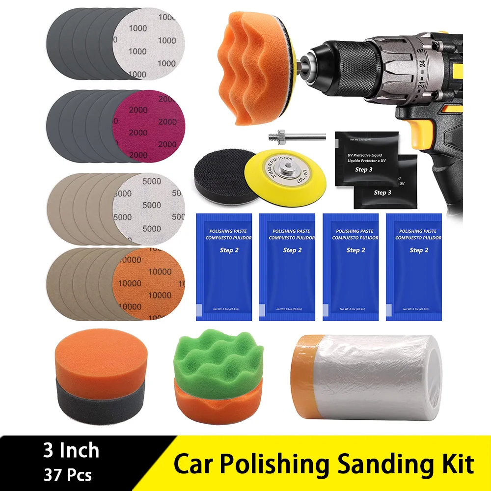 

3Inch Car Polishing Sanding Kit 37 Pcs with 1/4 Inch Shank Backing Pad Drill Buffing Sponge Pad Soft Interface Pad for Polishing