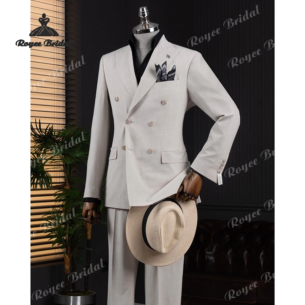 

Серый мужской костюм с пиковыми лацканами, свадебный костюм 2026, двубортный деловой костюм из двух предметов, индивидуальный костюм для мужчин