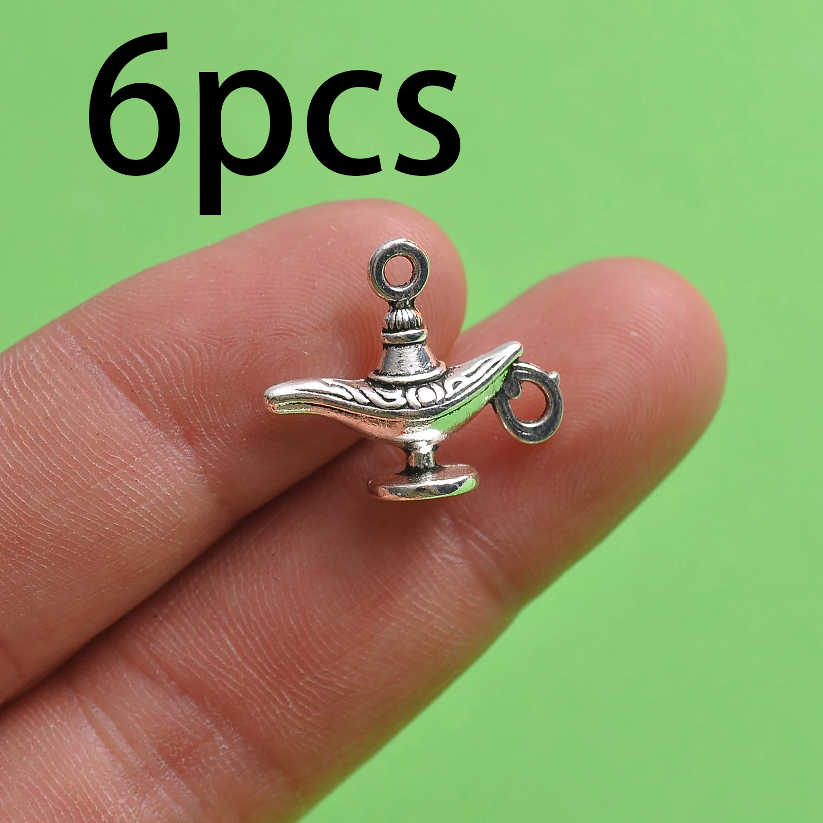 6-Piece Set of Vintage Mini Aladdin Magic Lamp Pendants, Available in Two Colors, with a Scroll Pattern Texture and a Double Ring Design, Suitable for DIY Bracelets, Necklaces, and Earrings, and as Handmade Beaded Decoration Accessories