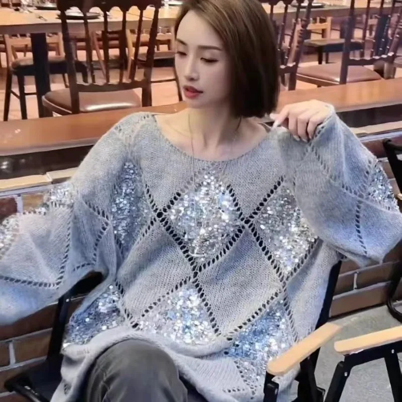 

Women Autumn Korean Fashion Loose Hollow Out Glitter O-neck Long Sleeve Knitwear Women Clothes Trend All-match Knitting Tops