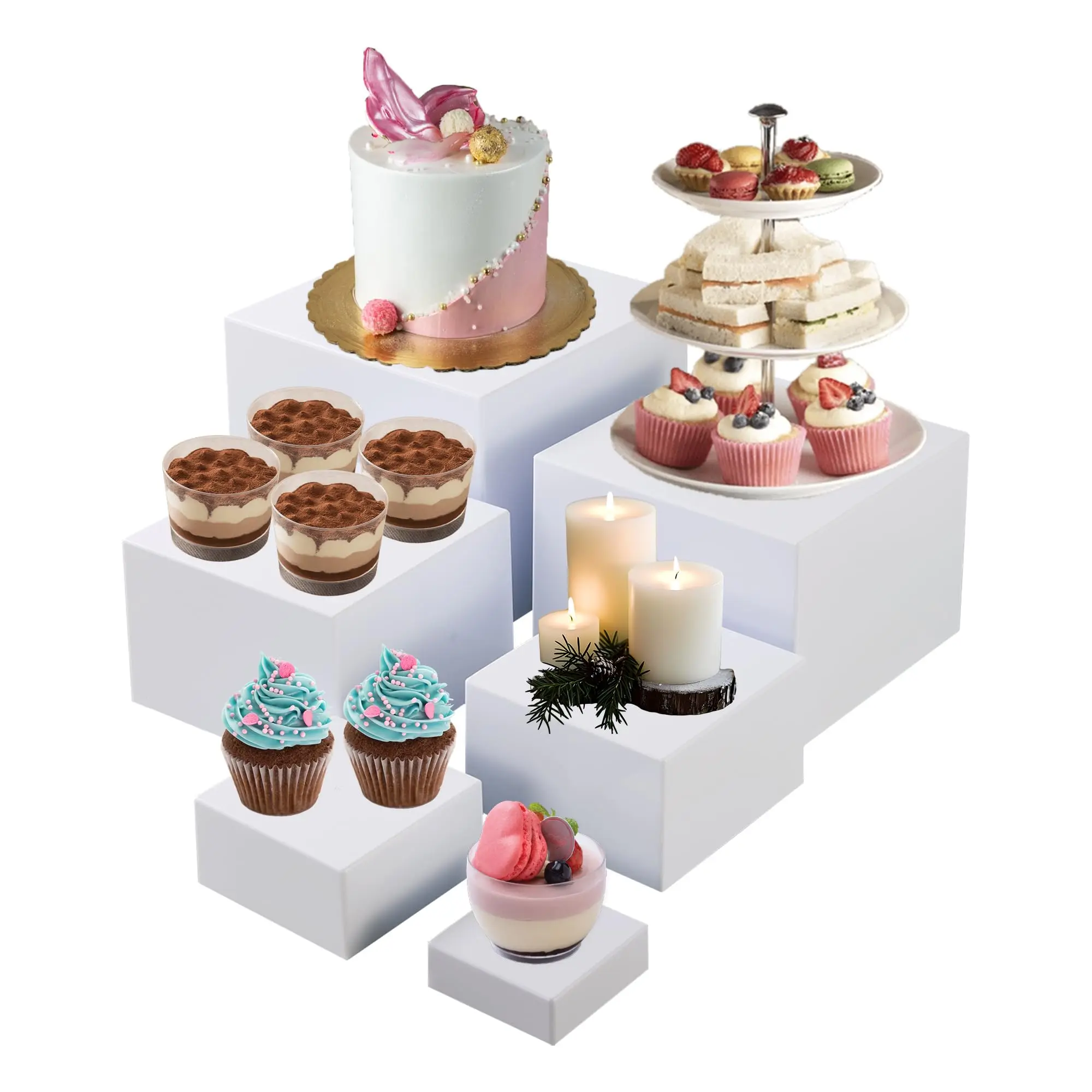 6 Pcs White Acrylic Display Risers Set, Nesting Cube Display Stands for Collectibles Jewelry Figures, 6 Sizes 8 7 6 5 4 3 Inch,