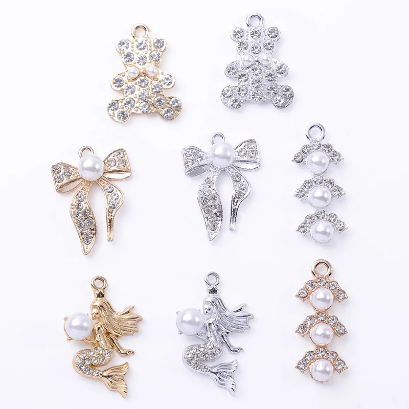 Japan and Korea full diamond bow bear mermaid shell alloy accessories sweet earrings pendant material spot wholesale