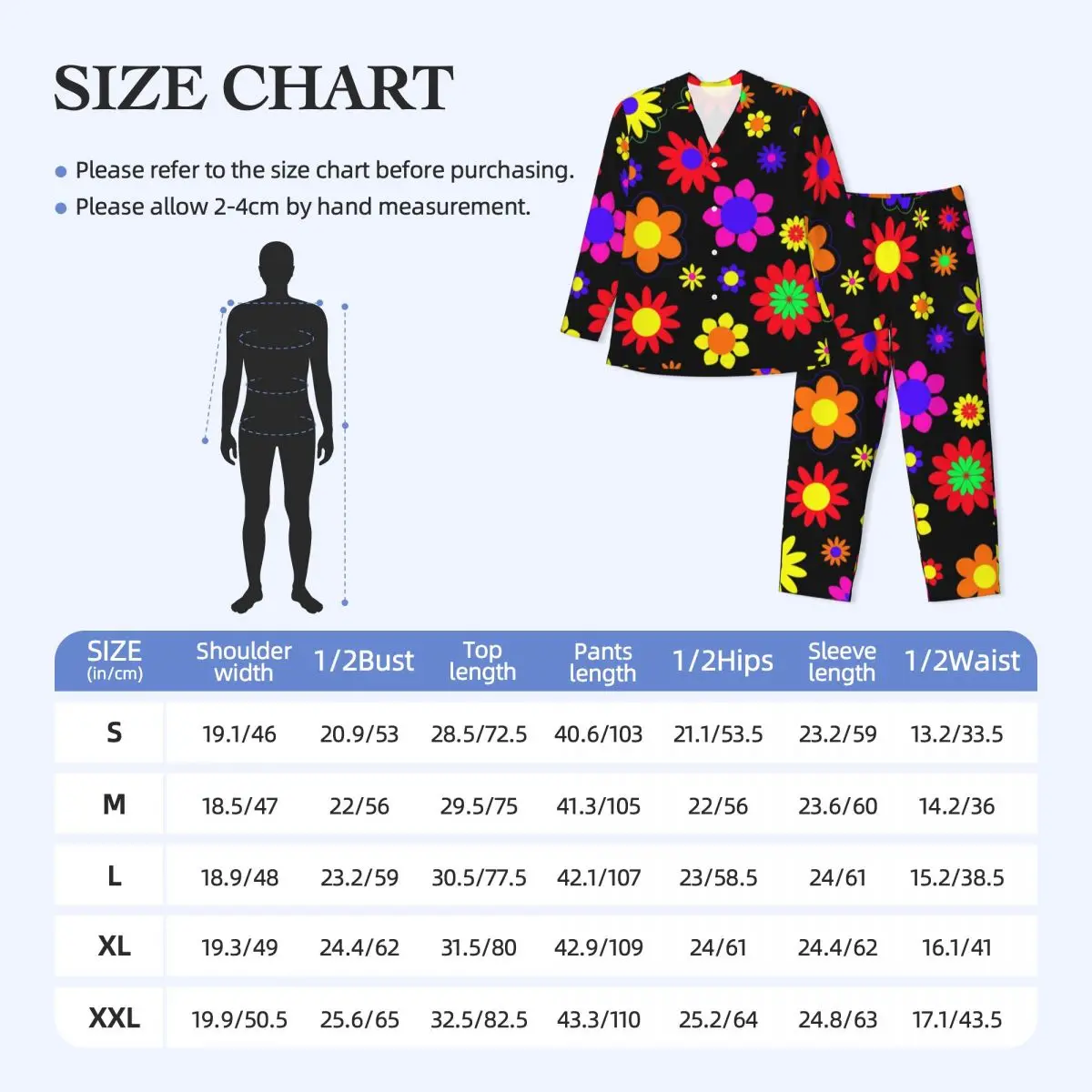 Ensemble de pyjama à fleurs lumineuses rétro pour hommes, vêtements de nuit Hip Hélicoptère Flower Power Fashion, manches longues, vêtements de nuit de loisirs vintage, 2 pièces