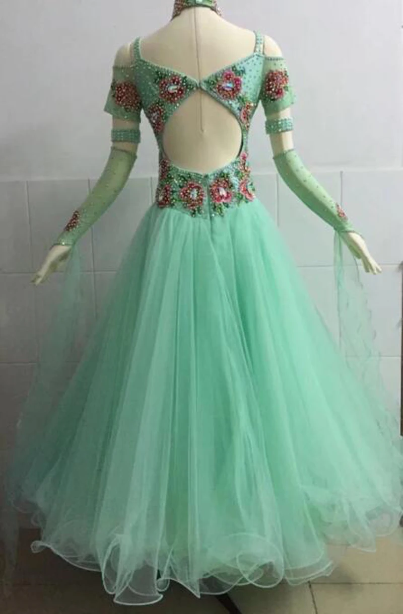 Standard Ballroom Dance Dress 2024 New Arrival Adult Light Green Short Sleeve Waltz Tango Ballroom Competition Dancing Dresses