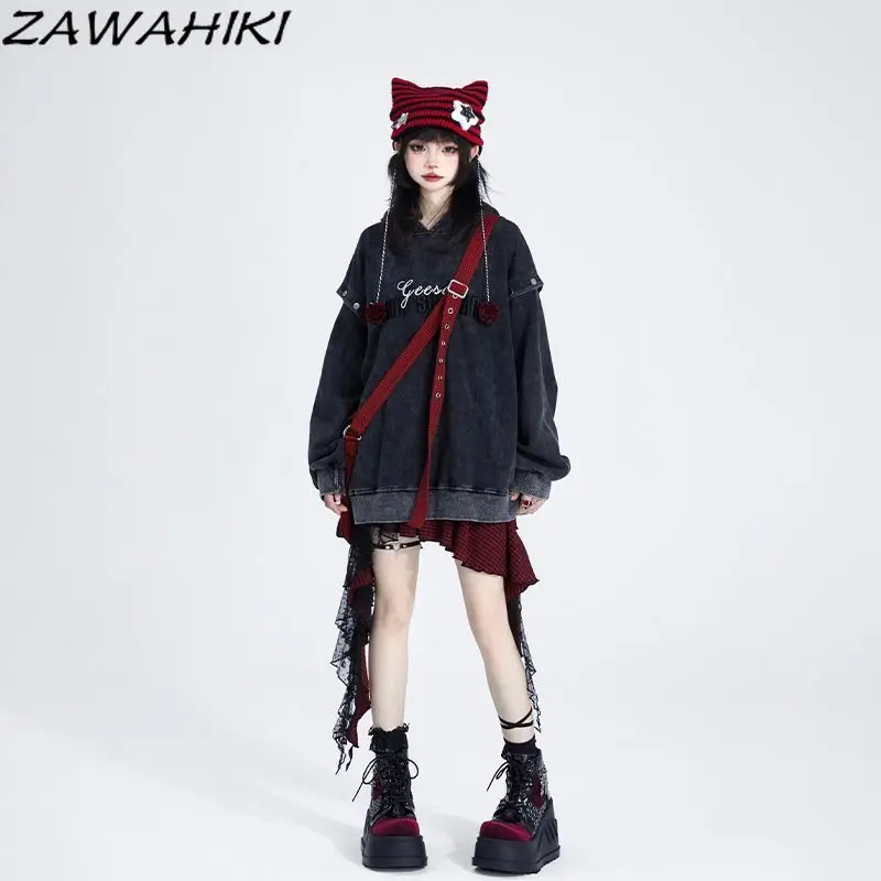 ZAWAHIKI Hoodies Women Loose Oversize Black Vintage Solid Color Letter Embroidery Distressed Fashion Sweatshirts Streetwear