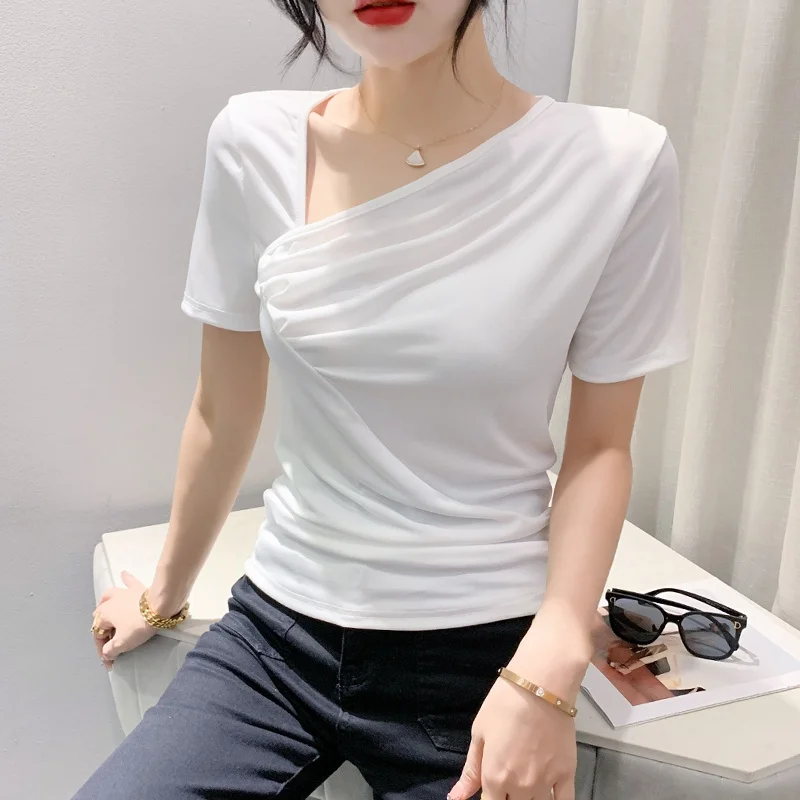 Camiseta feminina slim fit ort sve gola assimétrica verão novo sle design europeu sentido irt linha dobrável topo