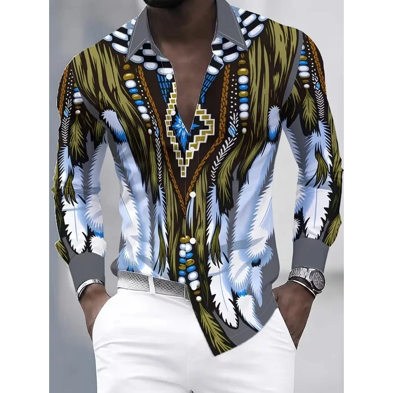 New men's gilded patterned crescent rolled grass ethnic composite printed long sleeved shirt with smooth lapel top