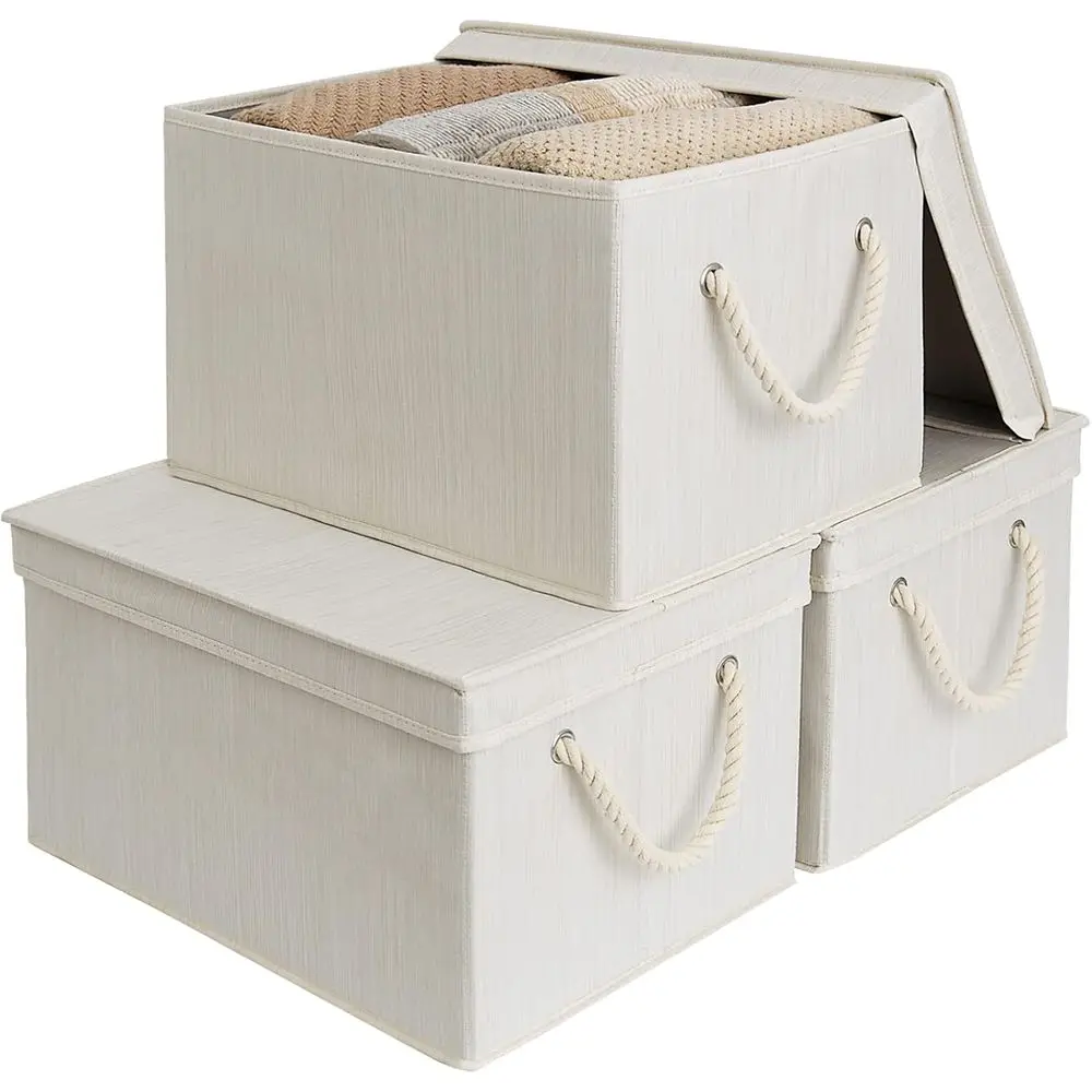 

Storage Bins with Lids, Decorative Storage Boxes with Soft Rope Handles, Foldable Stackable Storage Baskets for Closet, Shelves,