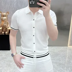 Summer Short Sleeve Lapel T-shirts Men Casual Business Knitted Cardigan Versatile Comfortable Tee Tops Ice Silk Polo Shirts