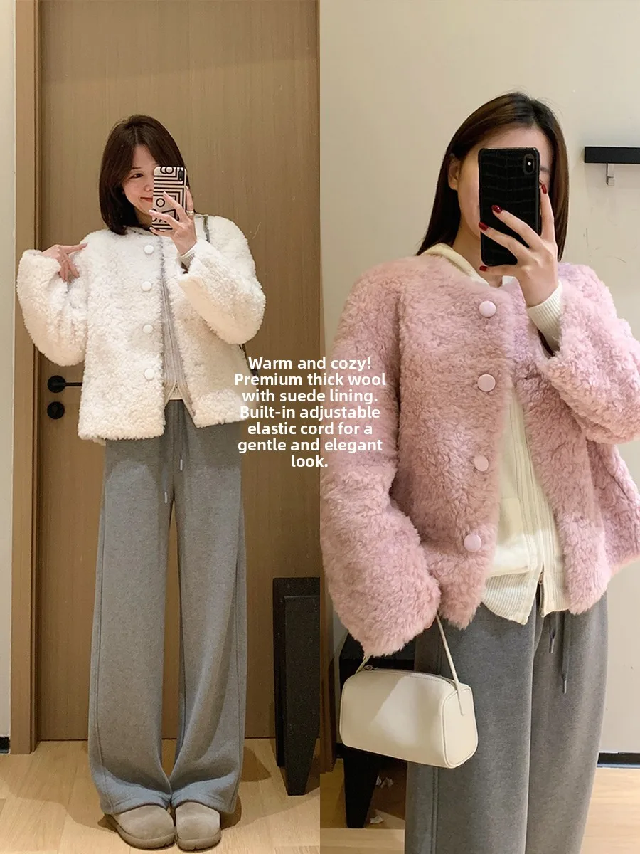 

Теплое пальто из искусственной овчины и кожи PU для женщин, зимнее, с круглым вырезом, на одной пуговице, утепленное, с длинными рукавами, повседневная верхняя одежда