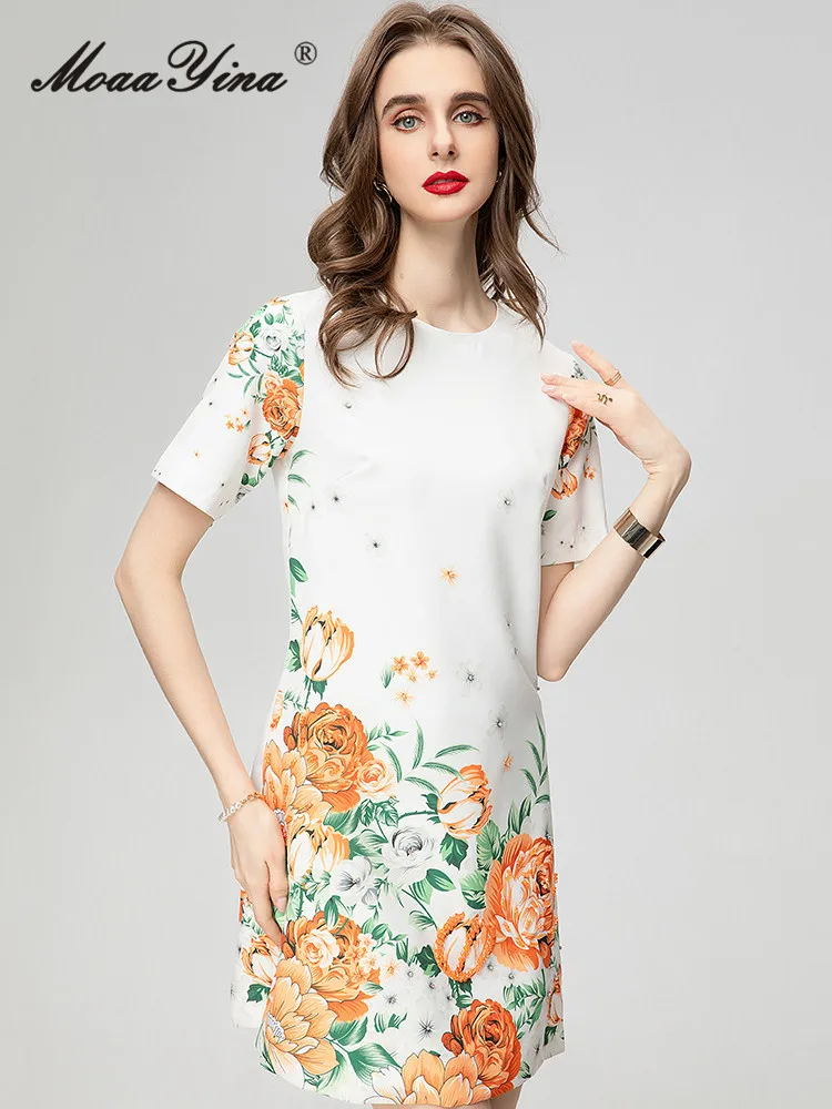 

MoaaYina Spring Fashion Runway Floral Print Elegant Party Dress Women O Neck Short Sleeve Diamond Beading Slim A-LINE Mini Dress