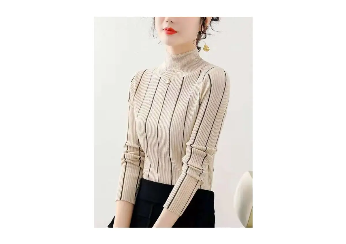 Light and shadow vintage turtleneck vertical stripe winter sweater female jumper knit warm jumper Mugill suede leather Kobieta S