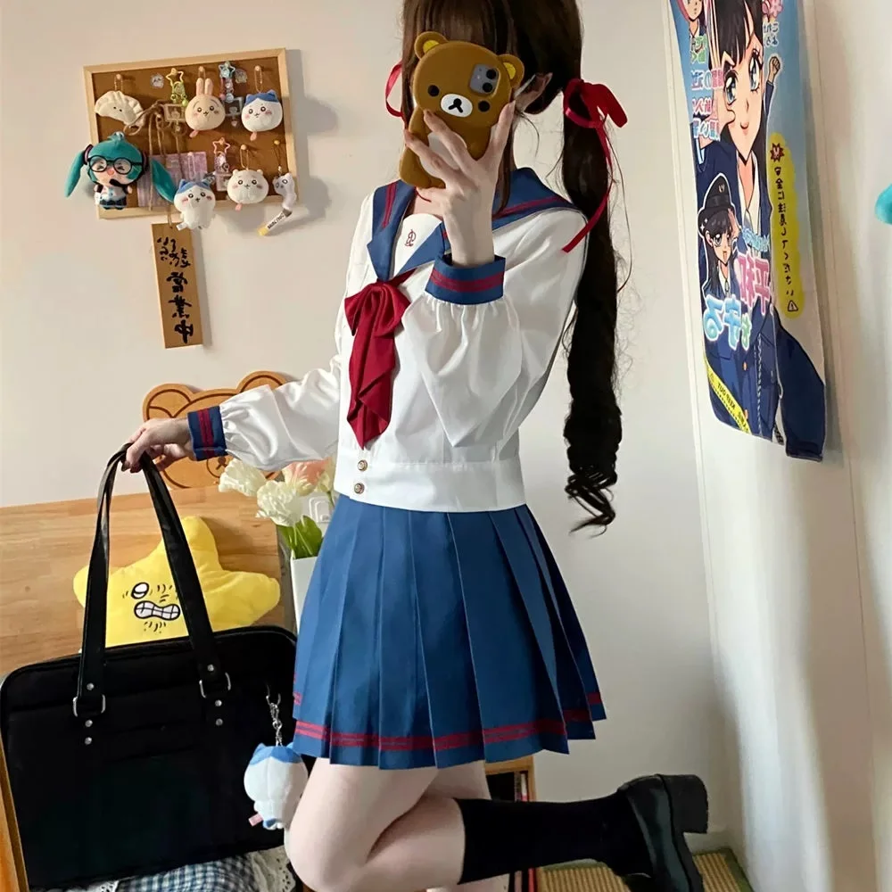 Abito da marinaio in stile giapponese S-XL Uniforme scolastica per ragazze della scuola Blu Bianco Donna Sexy Jk Abito basic Camicetta da marinaio Gonna a pieghe