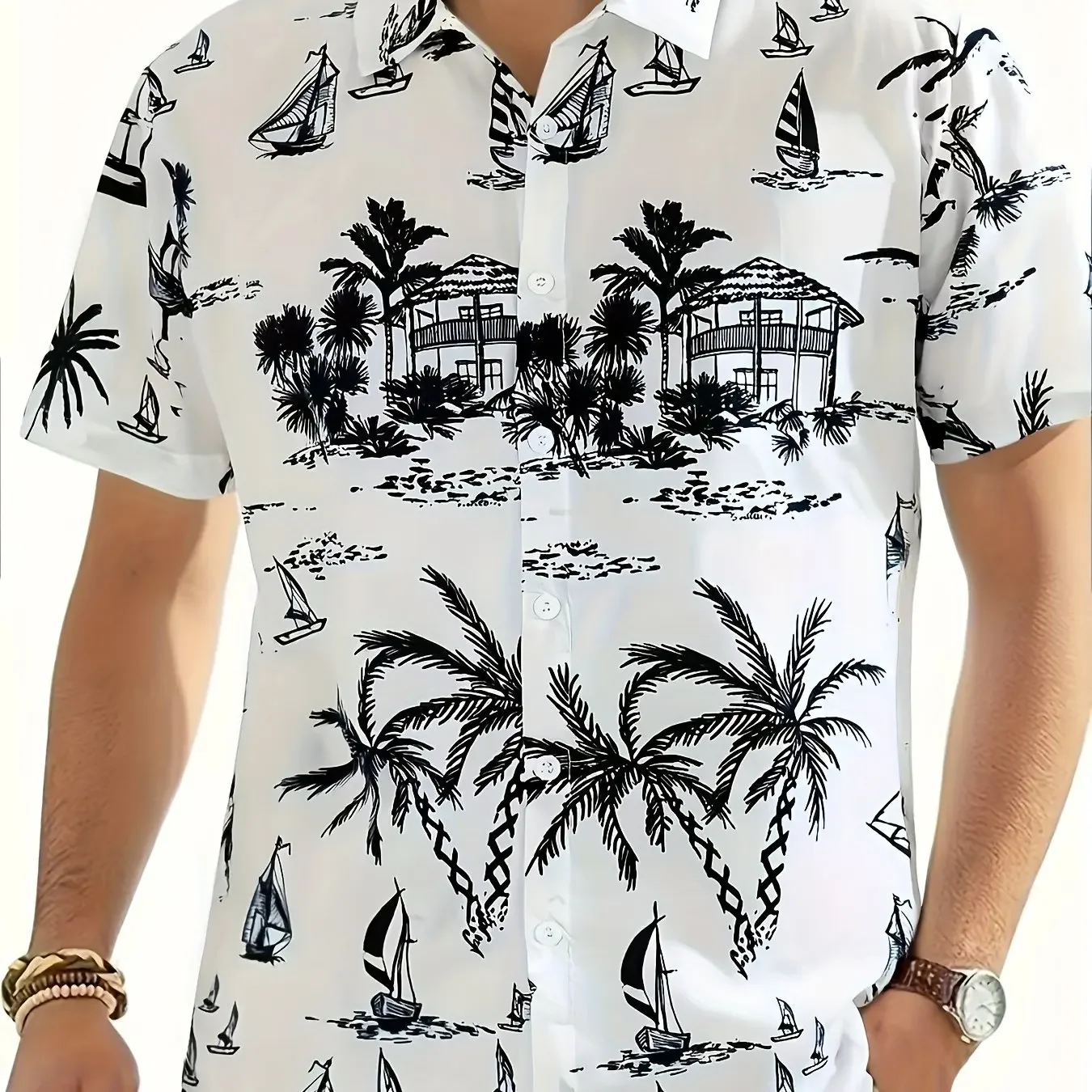 Men All Over Print Summer Shirt Tropical Vacation Short Sleeve Lapel Button Loose Hawaiian Beach Blouse
