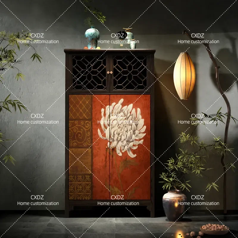 Ash Wood Solid Wood Wardrobe Flower Bird Elements Dining Side Cabinet Chest Bedroom Living Room Storage Locker
