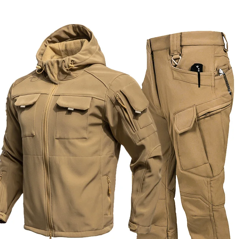 Beetle Invader Shark Skin Softshell Jacket Pants Set Camouflage Tactical Military Suit Waterproof Windproof Fleece Lined Outdoor