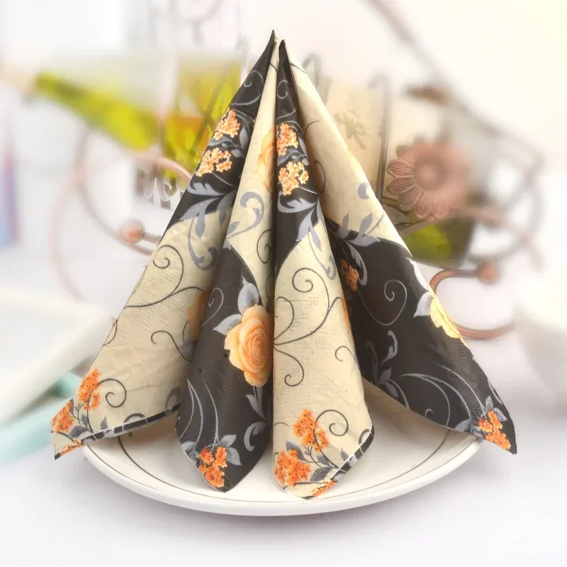 20pcs/pac 33*33cm Rose Napkin Yellow Placemat Paper Black Flower Hotel Banquet Cup Flower Paper Wood Pulp Paper Mouth Cloth