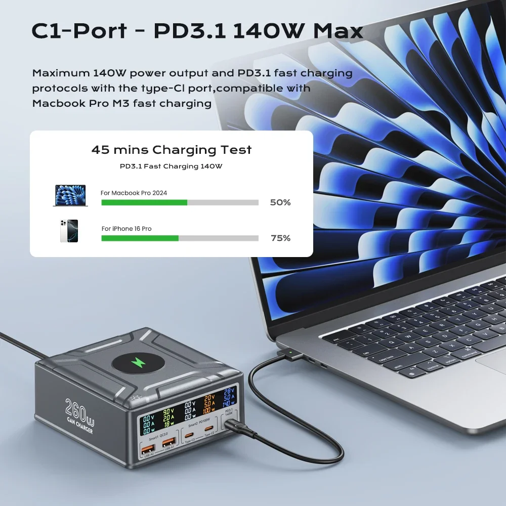 260 واط GaN USB C شاحن شاشة ديجيتال سطح المكتب USB نوع C شاحن 140 واط PD3.1 PPS QC4.0 شاحن لاسلكي لأجهزة الكمبيوتر المحمول اللوحي الهاتف