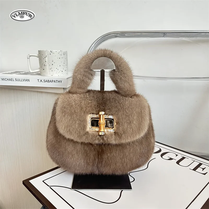 Borsa in pelliccia di visone da donna in pelliccia borse da polso in peluche calde di lusso moda donna pochette con manico corto in pelliccia borse