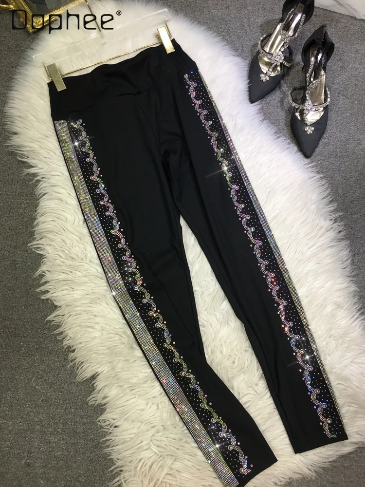 European Heavy Industry Hot Diamond Leggings Women's High Waist Skinny Black Shark Pants Autumn Elastic Pants Leggings