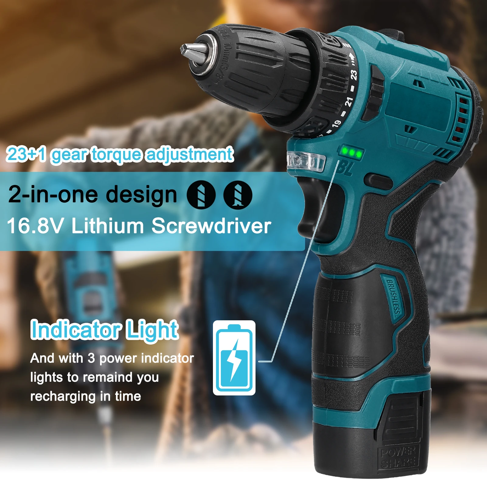 16.8V Cordless Driver Drill Household Electric Screwdriver Regulation Rotation Ways Adjustment Lithium Drill Home Improvement