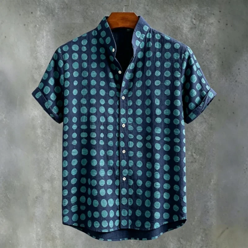 Casual Men Summer Hawaiian Shirt Fashion Polka‑Dot Print Mandarin Collar Short‑Sleeve Button‑Up Beach Vacation Top