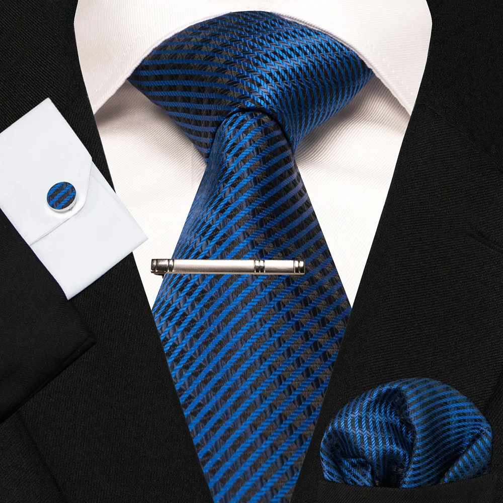 8cm Seidenkrawatten für Herren, grün-schwarze Krawatten, kariert, gestreift, Krawatten-Set mit Einstecktuch, Manschettenknöpfen und Krawattenklammern, für Hochzeit, Business, Party. – Detail 3