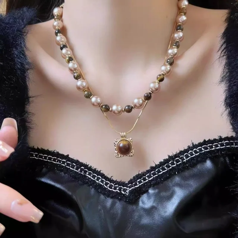 

Natural Tiger's Eye Stone Necklace Pearl Sweater Chain Light Luxury Premium Versatile Simple Accessories
