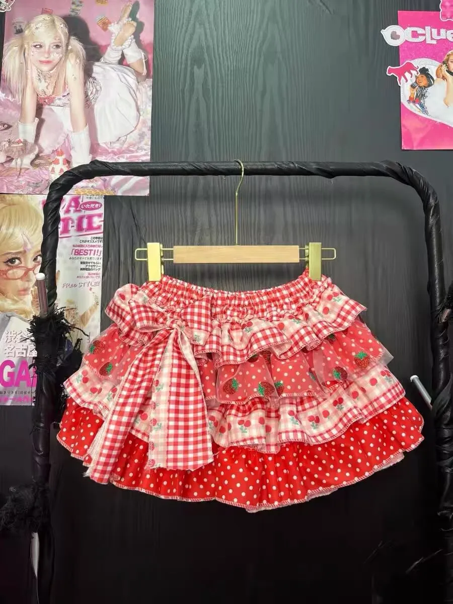 

Lolita Style Mini Skirt Women Sweet Kawaii Strawberry Print Ruffle Punk Pink Cake Skirt Girl Cute Bow Y2K Skirt Faldas Mujer