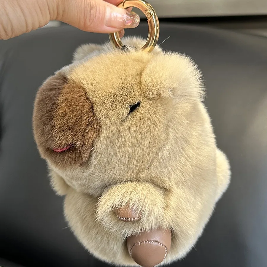 Cute and adorable real otter rabbit fur capybara plush doll car keychain animal plush pendant gift fur toy view 2