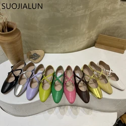 SUOJIALUN 2022 New Spring Women Flat Heel Shoes Shallow Mary Jane Ballet Flats Fashion Candy Color Ballerina Soft Casual Loafers