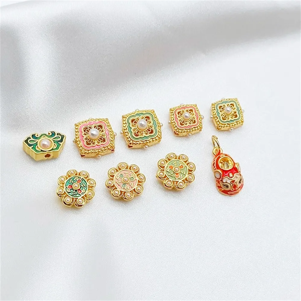 

14K Gold-plated Oil-dripping Pearl Chinese Element Lace Square Beaded Handcrafted DIY Bracelet Pendant Accessory