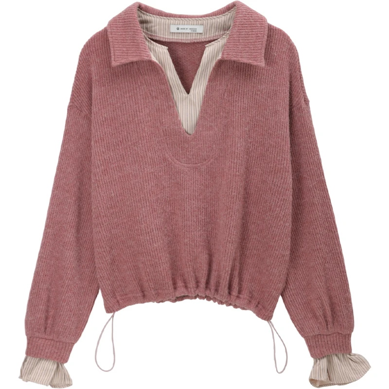 MISHOW Imitacja Dwuczęściowej Bluzki Damskiej Jesień Zima 2025 Francuski Styl Stójka Koszule Luźne Długie Rękawy Top MXE51Z2625